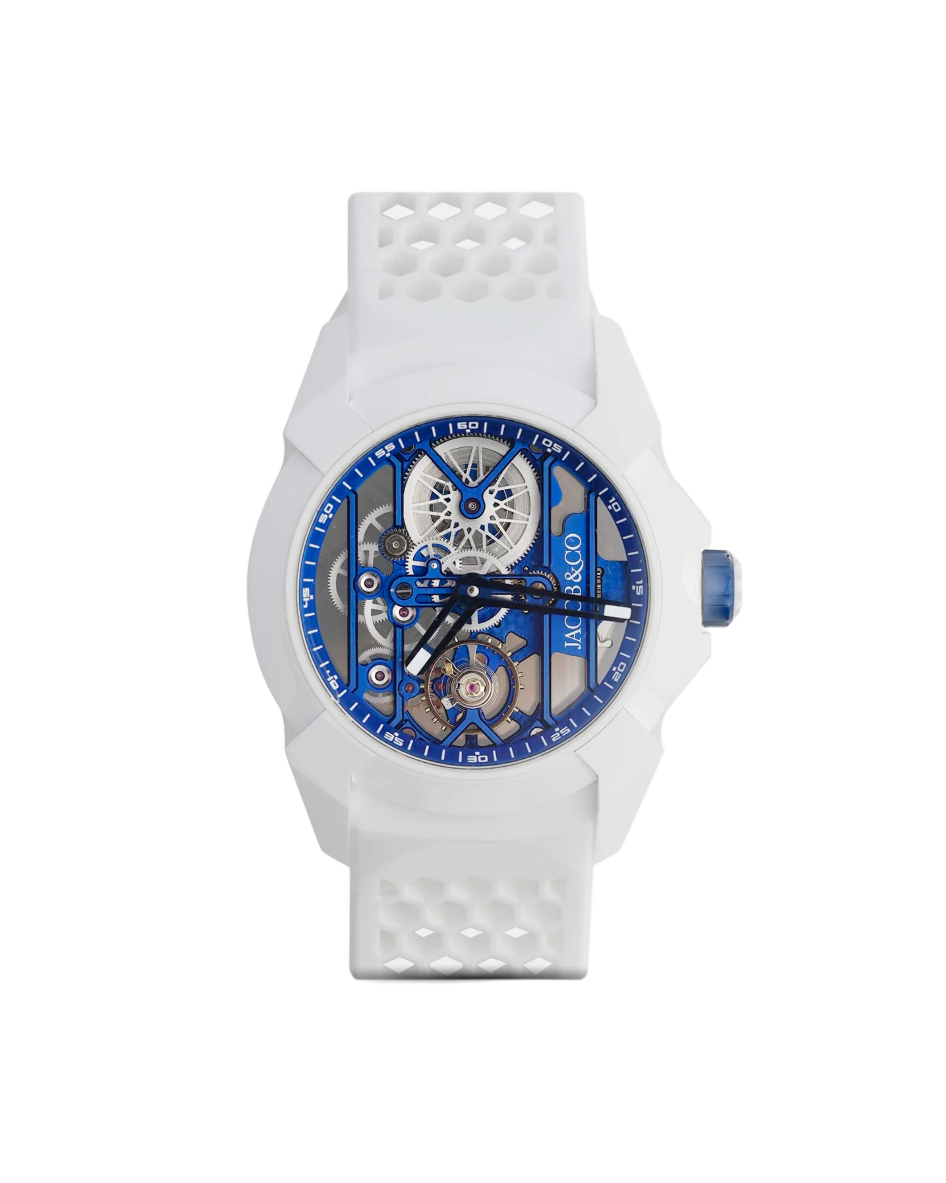A white skeleton watch with a blue dial and blue accents, featuring a textured white strap, shown against a plain white background.