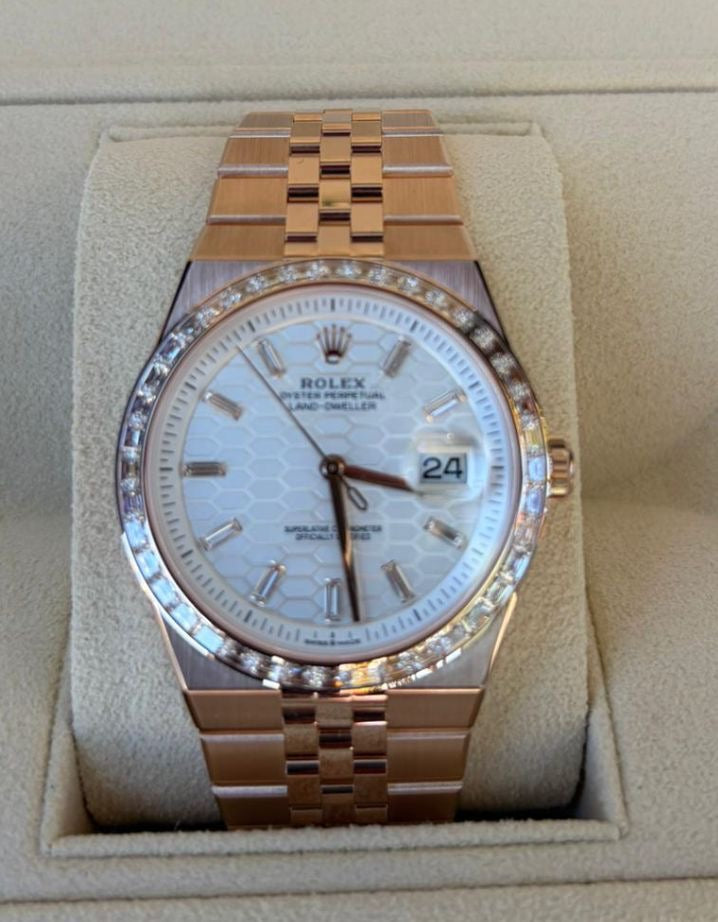 Rolex Land-Dweller Rose Gold White Dial Diamond Bezel 127385TBR Oyster Perpetual Front picture