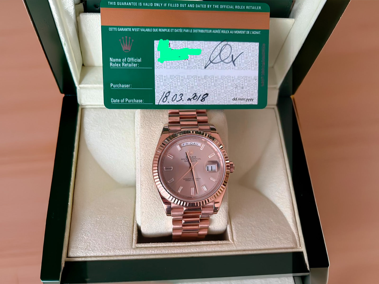 Rolex Day-Date 40 Everose Gold – Sundust Baguette Diamond Dial – Ref. 228235