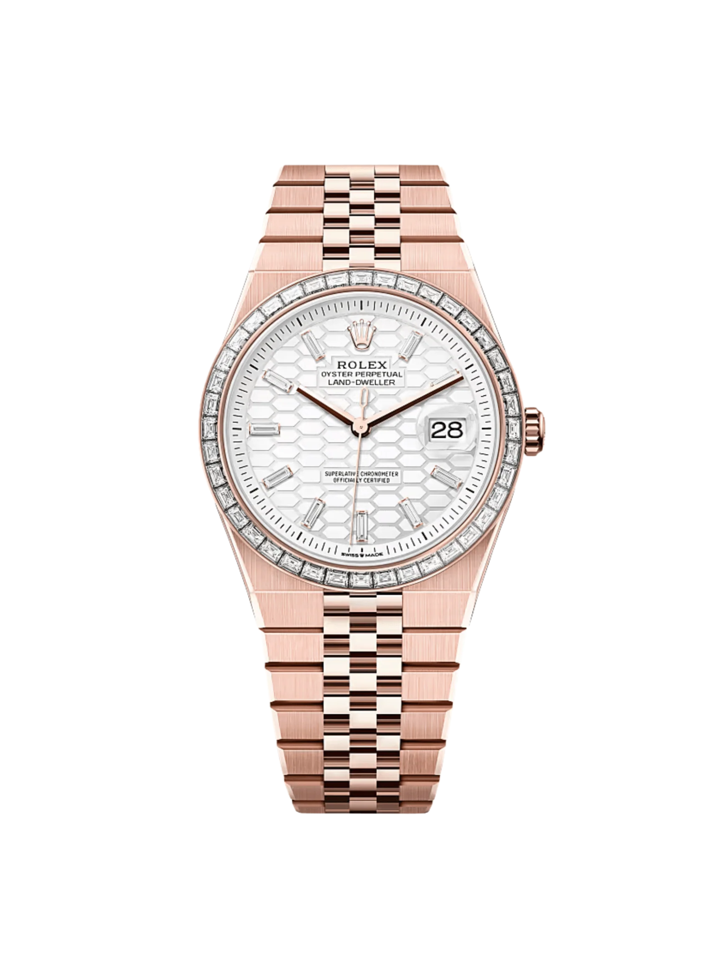 Rolex Land-Dweller Rose Gold White Dial Diamond Bezel 127385TBR Oyster Perpetual